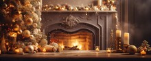 Wooden Plate With Golden Christmas Decoration, Golden Christmas Tree Balls, Stars And Candles With Fireplace In Background; Generative AI