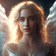 beautiful blond female angel with blue eyes and white wings