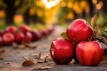 Wall Mural - Red Apples on Autumn Ground at Sunset