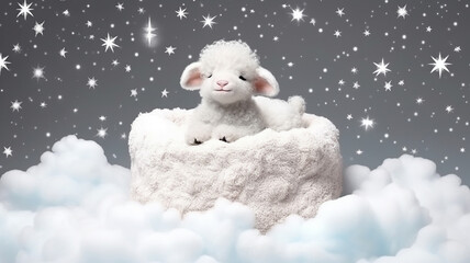 Wall Mural - a little lamb sleeping on a cloud watercolor.