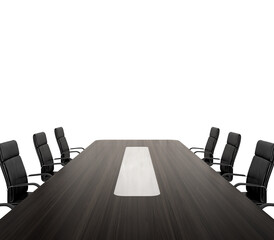 3D render of meeting room with wooden table and black armchairs isolated on transparent background