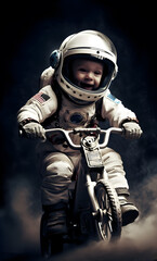 Wall Mural - kid spaceman or astronaut riding bicycle in galaxy space