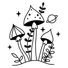 Vector witchy mystical mushrooms with stars and planet in black color. Outline magic mushrooms and leaves. Fairytale esoteric mushroom bundle.