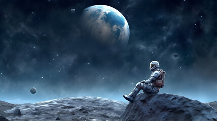 Spaceman or astronaut sitting on the rock at moon.