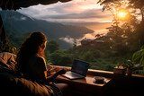 Fototapeta Natura - Young woman freelancer traveler working online using laptop and enjoying the beautiful nature landscape with mountain view at sunrise
