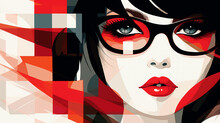 Young Woman Wearing Glasses Close Up Bright Colors Illustration In Retro Fifties Sixties Style. Generative Ai. 