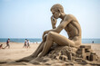 menschliche Skulptur aus Sand- Sandkunst am Meer KI