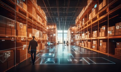 Futuristic Technology Retail Warehouse Digitalization and Visualization of Industry 4.0 Process that Analyzes Goods. Generative Ai