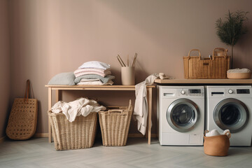 Generative AI. Rustic interior of home laundry room with modern washing machine.  towels and related objects in laundry room