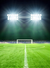 Green Soccer Field, Bright Spotlights- Ai Generative