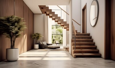 Interior design of modern entrance hall with staircase in villa. Created with generative AI