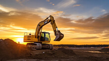 Crawler Excavator During Earthwork On Construction Site At Sunset. Heavy Earth Mover On The Construction Site.