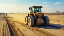 Roller Compacts Soil In Embankment On The Road's Construction. Sand Consolidation On Road-building. Compactor Driving On Sandy. Wheel Marks On The Sand. Hard Work. Transportation Of Sand By Trucks