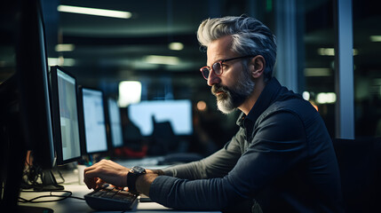 adult man, works as a programmer, writes code in the office.