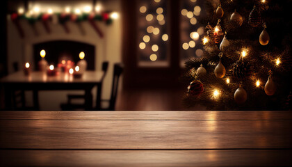 Wall Mural - Empty wooden table with christmas theme in background