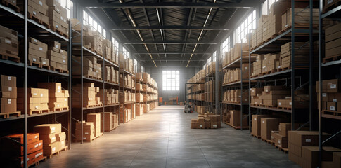 Aufkleber - Large Warehouse with Shelves Full of Boxes for Shipping extreme closeup. Generative AI