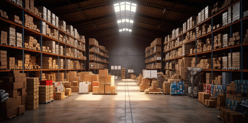 Aufkleber - Large Warehouse with Shelves Full of Boxes for Shipping extreme closeup. Generative AI