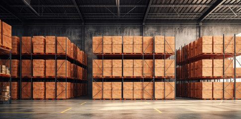 Aufkleber - Large Warehouse with Shelves Full of Boxes for Shipping extreme closeup. Generative AI