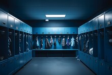 Sports Equipment In Blue Empty Locker Room Low Angle Photo. Generative AI.