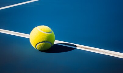 Tennis ball with black shadow is on blue hard court with white line mark. Generative AI.