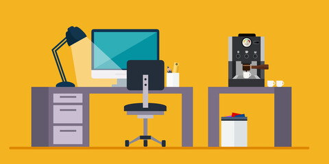Poster - Scrivania computer lampada accesa con sedia e monitor  e macchina del caffe coffe espresso italiano grafica disegno illustrazioni fondo trasparente isolato icona 