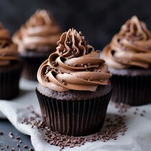 Delicious Chocolate Cupcakes With Chocolate Cream Fudge Icing And Sprinkles