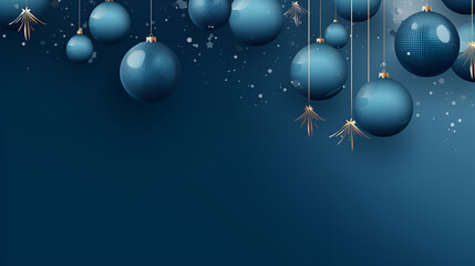 Wall Mural - Christmas and New Year holiday background. Blue Glass Balls hanging on ribbon on Navy blue background with snowflakes, copy space for text. The concept of Christmas and New Year holidays
