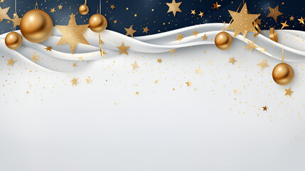 Wall Mural - Christmas and New Year minimalist 3D background. Golden stars and Christmas decorations on a draped gradient navy blue and white background with copy space for your text. The concept of Christmas 