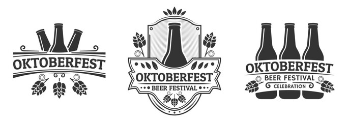 oktoberfest icon, logo or label set with beer bottles. beer festival vintage design. october fest em