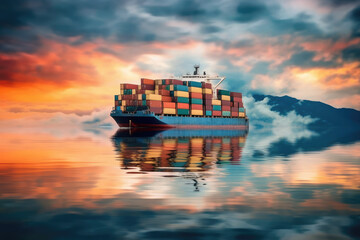 Aufkleber - Business Logistics Concept. Container Ship at Sea Surrounded by Cloud Sky extreme closeup. Generative AI
