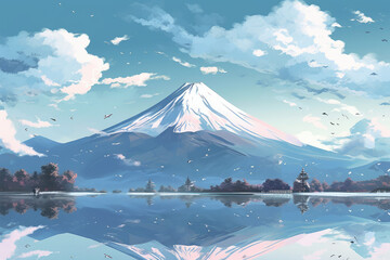 Travel to Japan Concept. Travel Poster with Japan Mount Fuji  extreme closeup. Generative AI