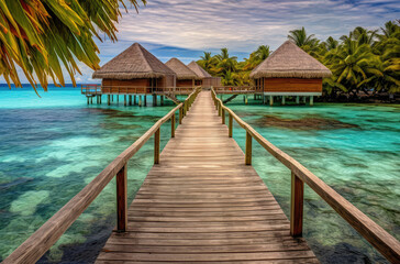 Poster - The Walkway Leading into the Coconut Huts in the Maldives Island extreme closeup. Generative AI