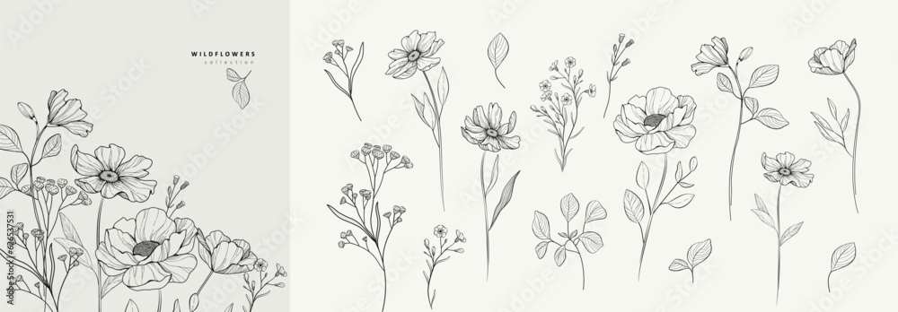 Floral branch and minimalist flowers for logo or tattoo. Hand drawn ...