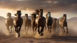 Group of horses running gallop in the desert. Generative AI