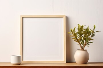 Wall Mural - Blank picture frame mockup on wall in modern interior. Artwork template mock up in interior design with trendy vase, digital ai.