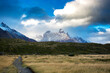 Mountain range with clouds and blue Sky, Cuernos, W Trek in Torres Del Paine, Patagonia, Chili