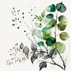 Canvas Print - Watercolor style green leaves and branches on white background