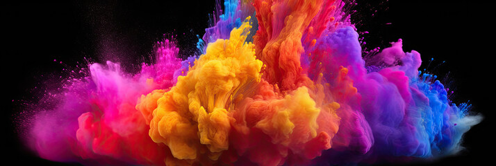 Wall Mural - Multicoloured holi powder explosion on a black background. Panoramic view. Generative AI