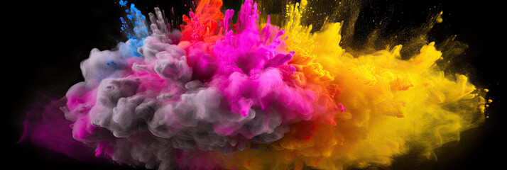 Wall Mural - Multicoloured holi powder explosion on a black background. Panoramic view. Generative AI
