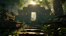 Virtual Reality Scene, User's Perspective, Exploring An Ancient, Overgrown Temple In A Digital Rainforest, Detailed Foliage, Mysterious Glyphs, Ambient Sunlight Filtering Through, Immersive