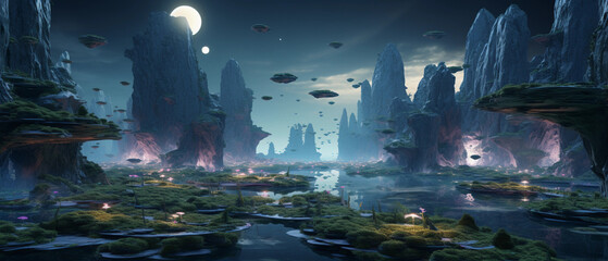 Wall Mural - digital, surreal landscape, 3d, floating islands with waterfalls suspended in a twilight sky, soft, 