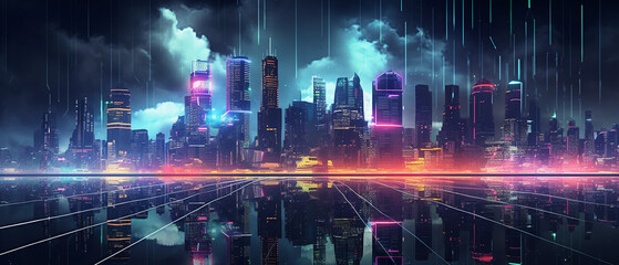 Wall Mural - digital cityscape at night, 3d rendered, high - rising neon - lit skyscrapers, floating holographic 