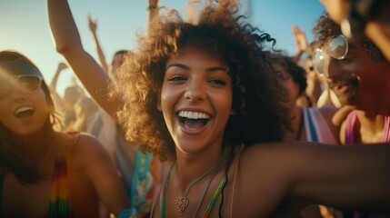 Wall Mural - Epitomizing youth and fun, Diverse, energetic group of millennials dancing with joy and excitement at a lively music festival, Generative AI