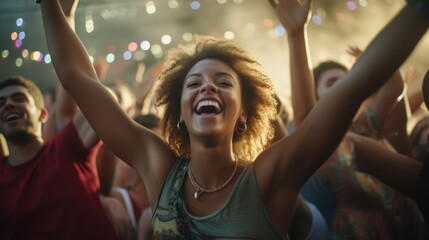 Wall Mural - Epitomizing youth and fun, Diverse, energetic group of millennials dancing with joy and excitement at a lively music festival, Generative AI