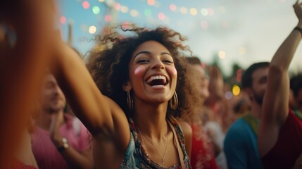 Wall Mural - Epitomizing youth and fun, Diverse, energetic group of millennials dancing with joy and excitement at a lively music festival, Generative AI