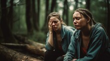 Two Upset Lost Girls In Wet Gloomy Forest, Lonely Crying Women Lost In Woods After Long Grueling Hike, Sad Tired Female Tourists Sitting In Dense Forest And Frustrating, Solo Tourism, Generative AI