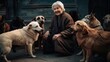 Smiling old woman volunteer among pack of friendly dogs on street, happy older woman glad to meet with homeless dogs near dog kennel, walking dogs on street with favorite pets concept, generative AI