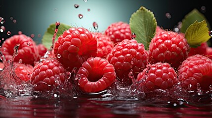 Wall Mural - Juicy ripe raspberries, ripe raspberries. Splash of raspberries. Raspberry tea, jam, cocktail, juice.
Juicy raspberries in water splashes creative. Juicy berries and fruits. Water drops. Generative ai