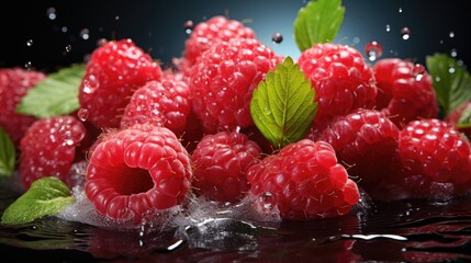 Juicy ripe raspberries, ripe raspberries. Splash of raspberries. Raspberry tea, jam, cocktail, juice.
Juicy raspberries in water splashes creative. Juicy berries and fruits. Water drops. Generative ai