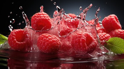 Wall Mural - Juicy ripe raspberries, ripe raspberries. Splash of raspberries. Raspberry tea, jam, cocktail, juice.
Juicy raspberries in water splashes creative. Juicy berries and fruits. Water drops. Generative ai